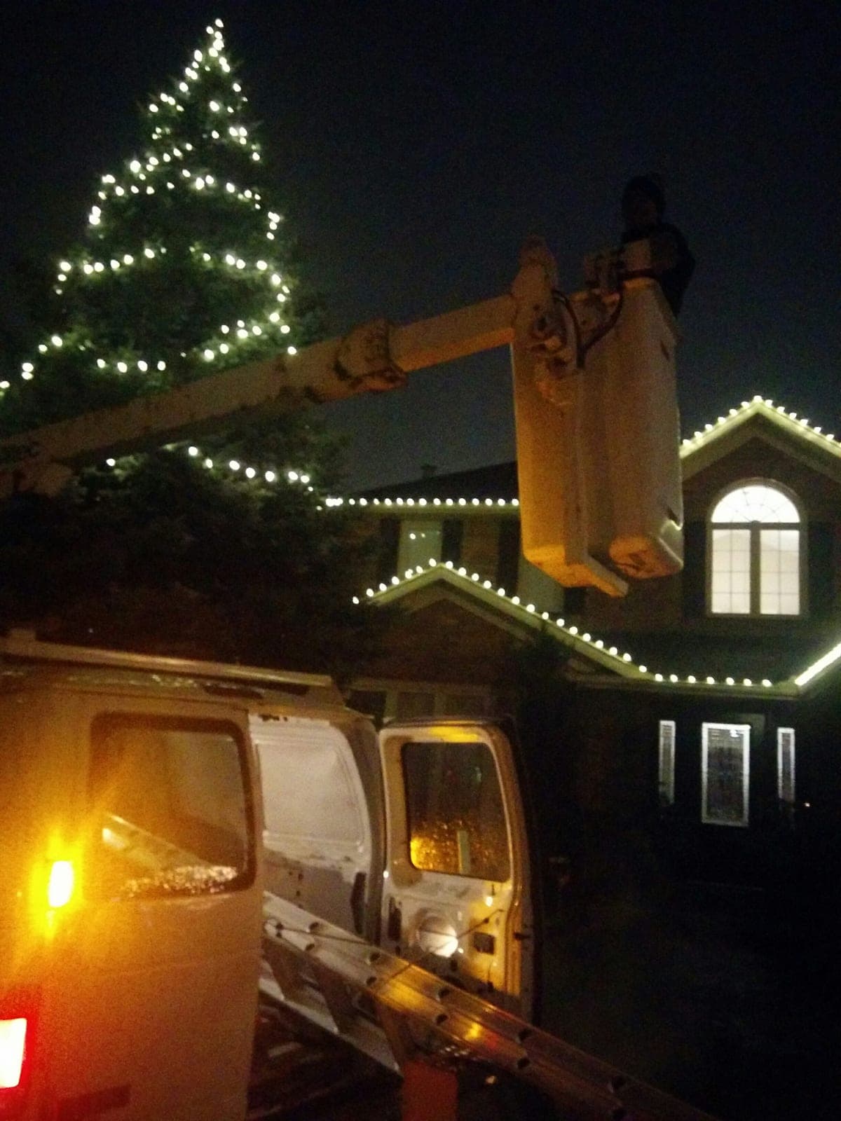 Christmas light installer in a bucket lift stringing lights on a tall evergreen beside a home with warm white roofline lights at night