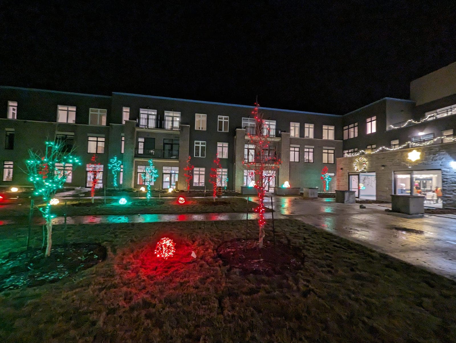 Commercial courtyard decorated with red and green LED-wrapped trees and warm roofline lighting at night.