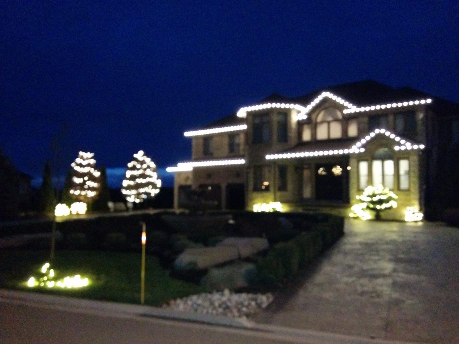 Estate home with warm-white roofline Christmas lights and lit trees along the driveway at night