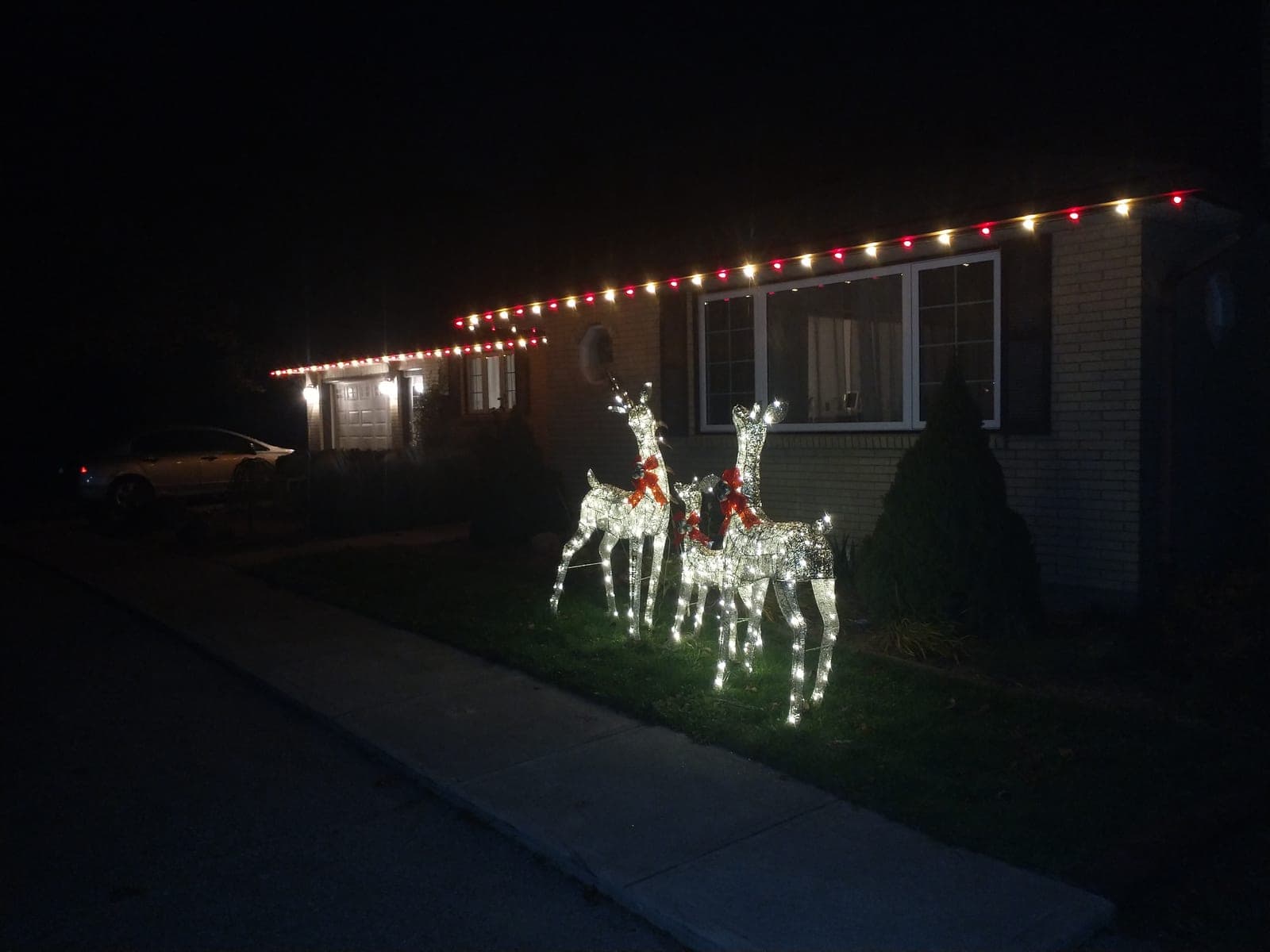 Lit reindeer lawn figures in front of a bungalow with red and warm-white roofline Christmas lights